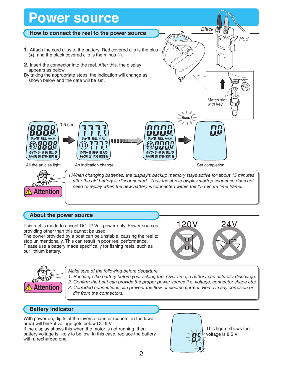 Power source, Attention | Daiwa SEABORG-1000MT User Manual | Page 4 / 40