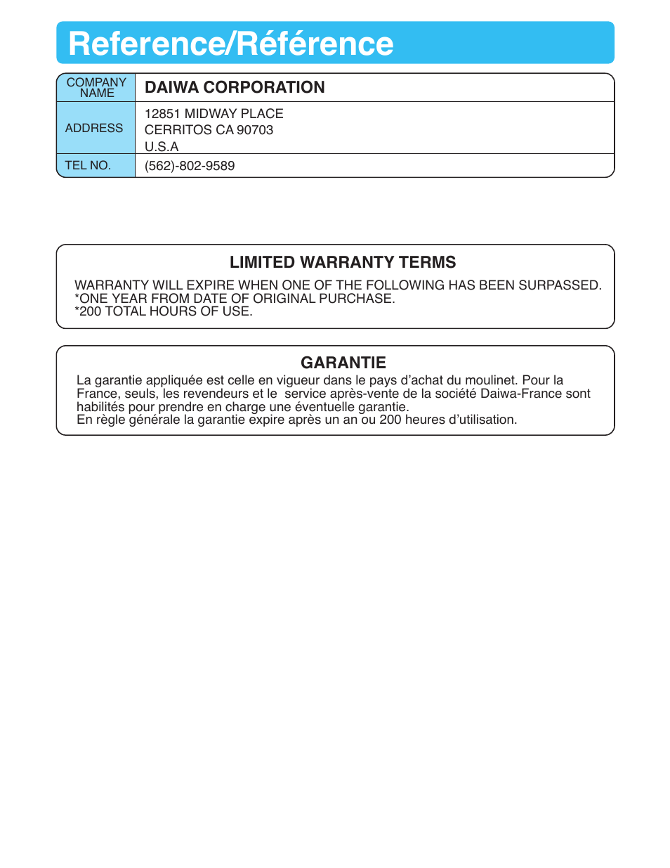 Reference/référence | Daiwa SEABORG-1000MT User Manual | Page 40 / 40