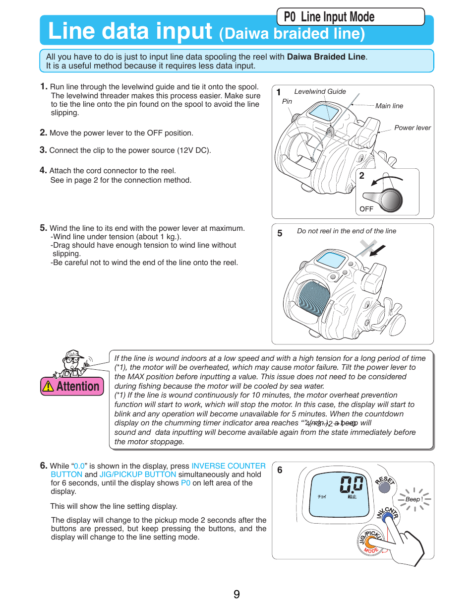 Line data input, Daiwa braided line), P0 line input mode | Attention | Daiwa SEABORG-300FB User Manual | Page 11 / 38