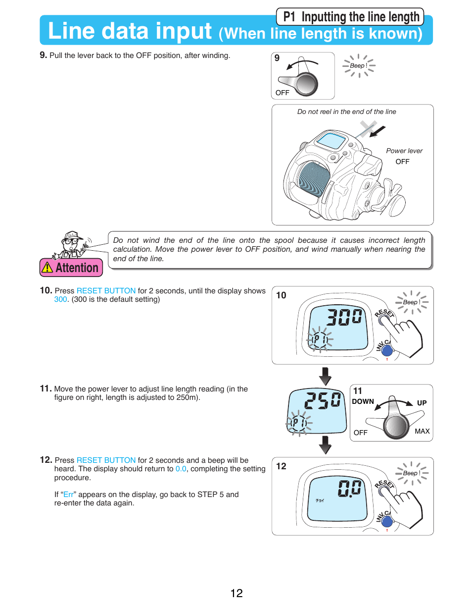 Line data input, When line length is known), P1 inputting the line length | Attention | Daiwa SEABORG-300FB User Manual | Page 14 / 38