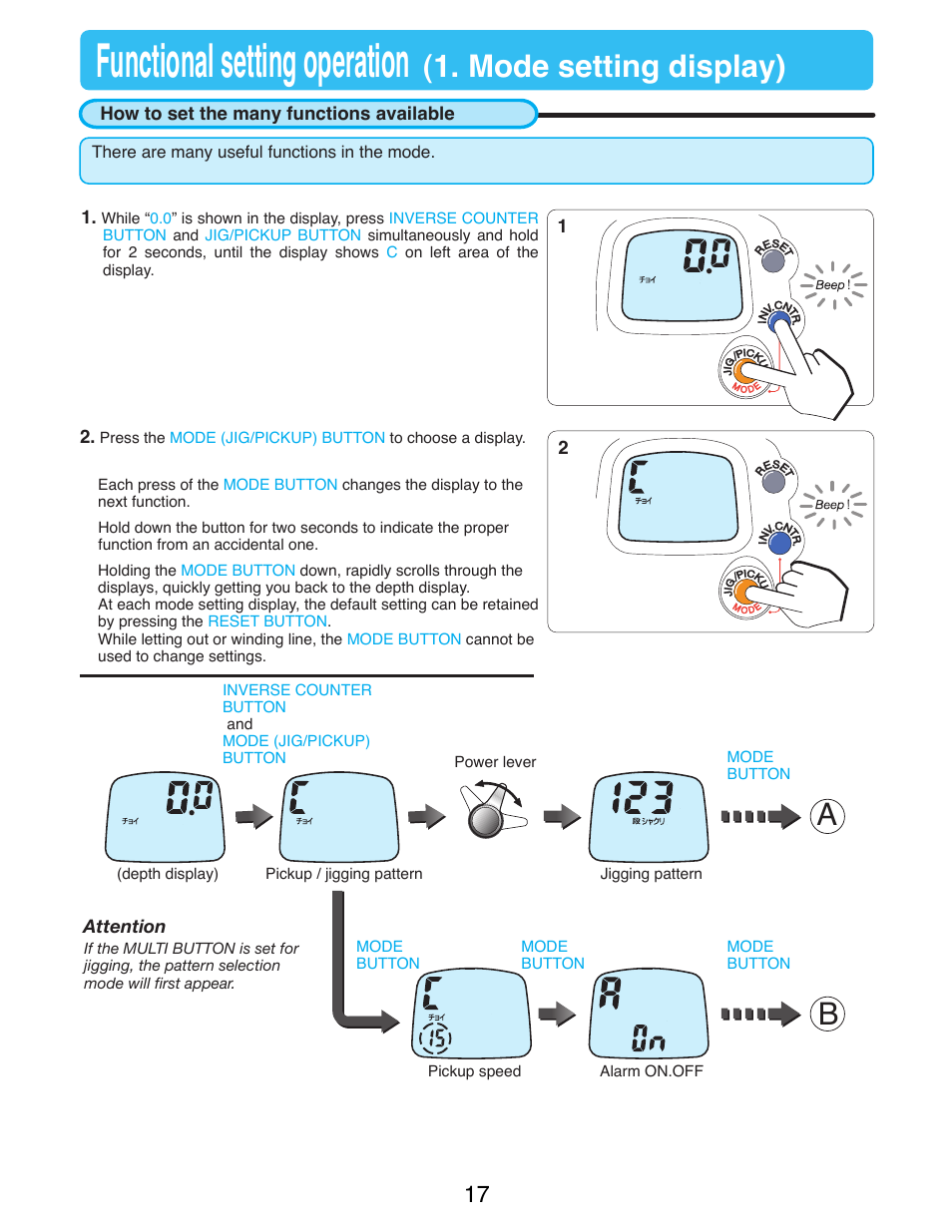 Functional setting operation, Mode setting display) | Daiwa SEABORG-300FB User Manual | Page 19 / 38
