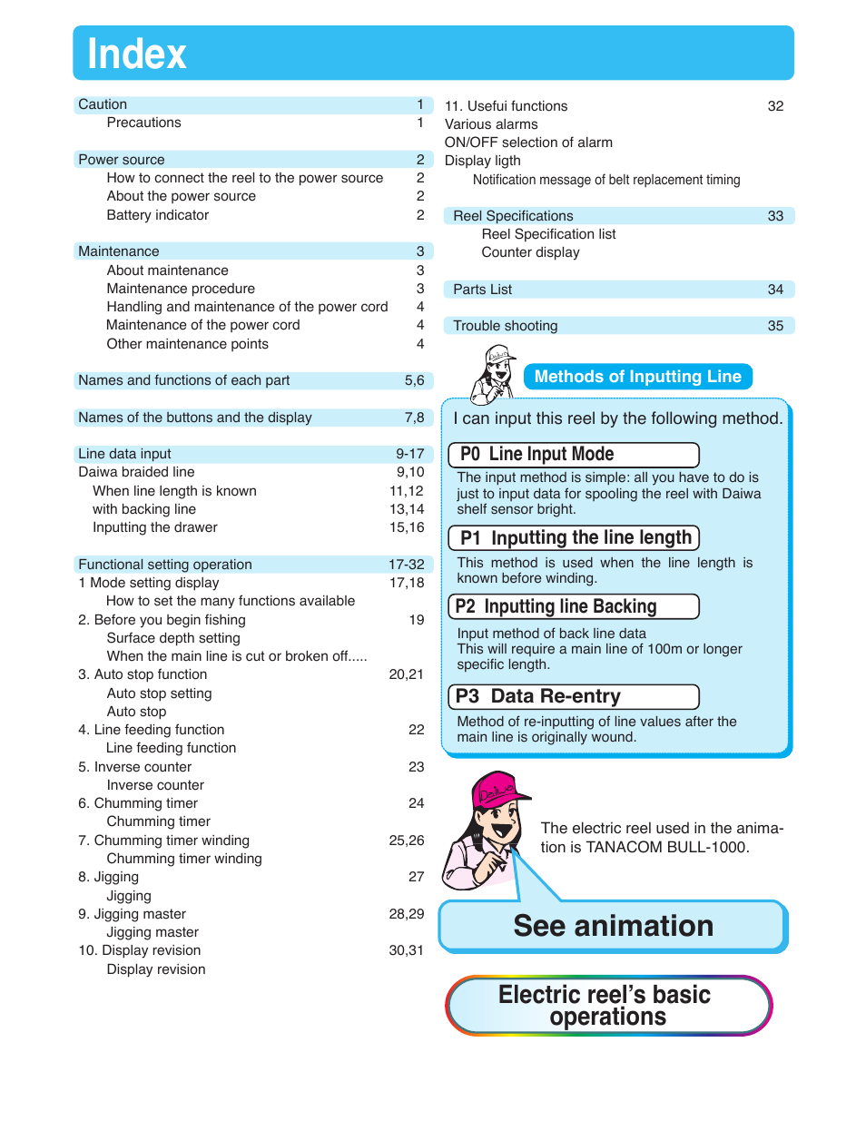 Index, See animation, Electric reelʼs basic operations | Daiwa SEABORG-300FB User Manual | Page 2 / 38