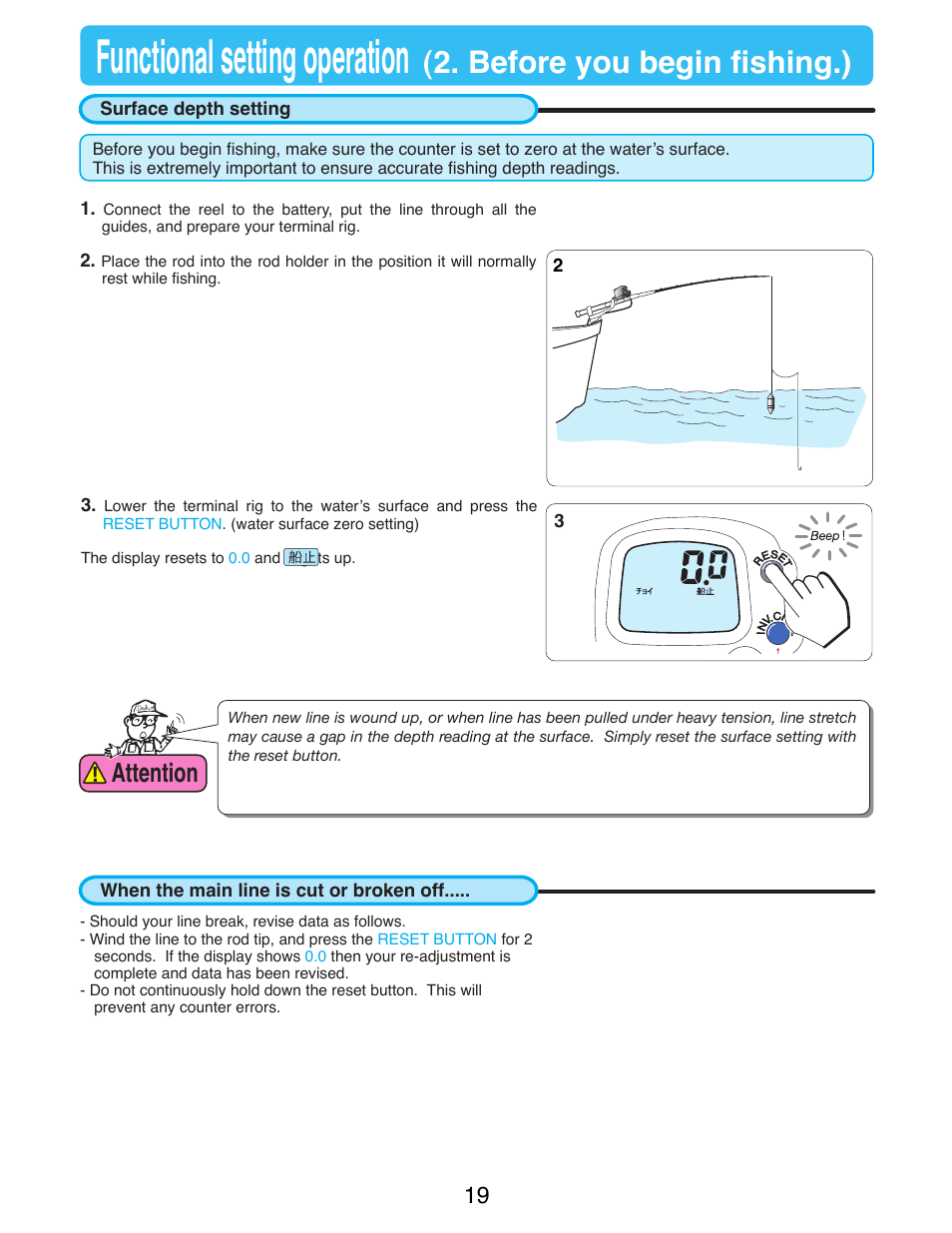 Functional setting operation, Before you begin fishing.), Attention | Daiwa SEABORG-300FB User Manual | Page 21 / 38