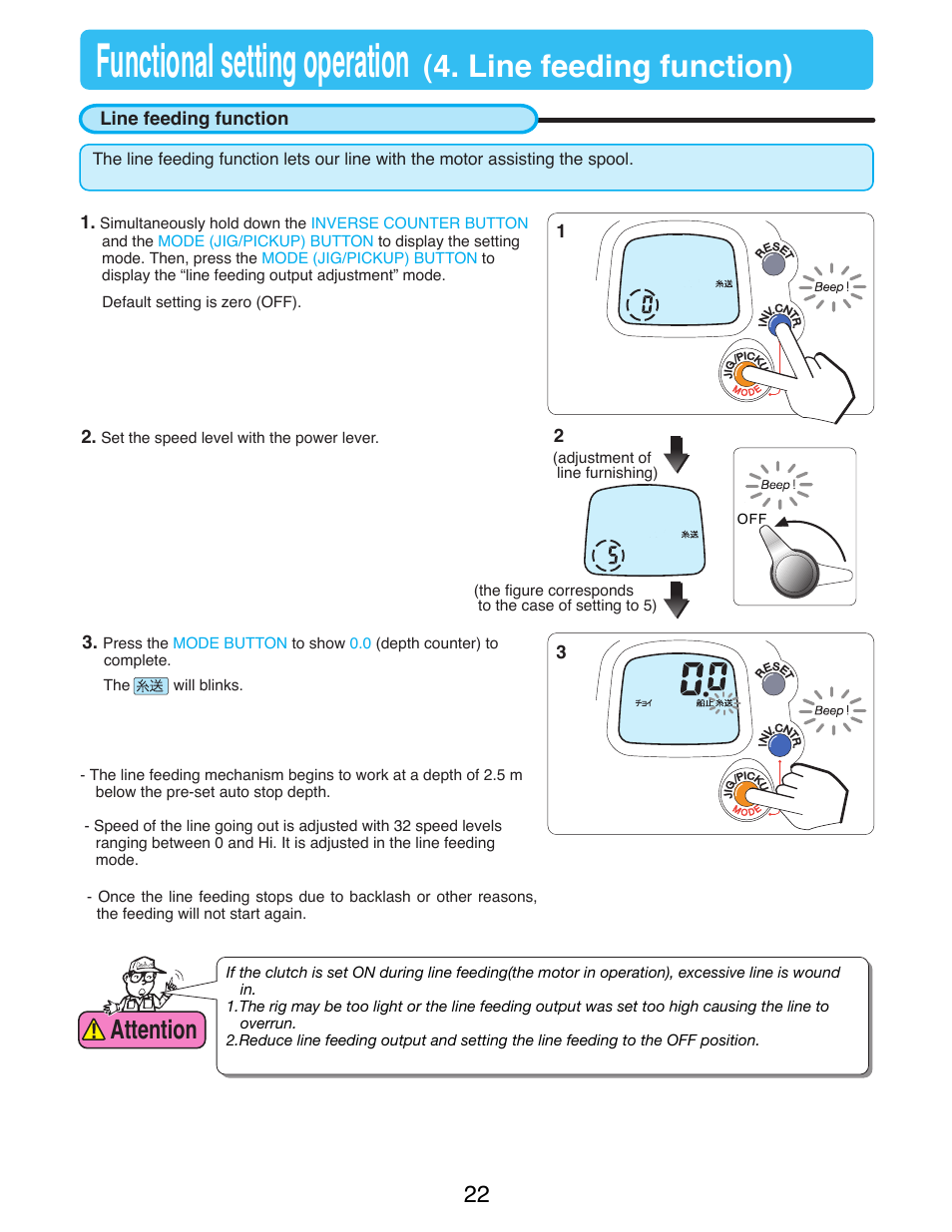 Functional setting operation, Line feeding function), Attention | Daiwa SEABORG-300FB User Manual | Page 24 / 38