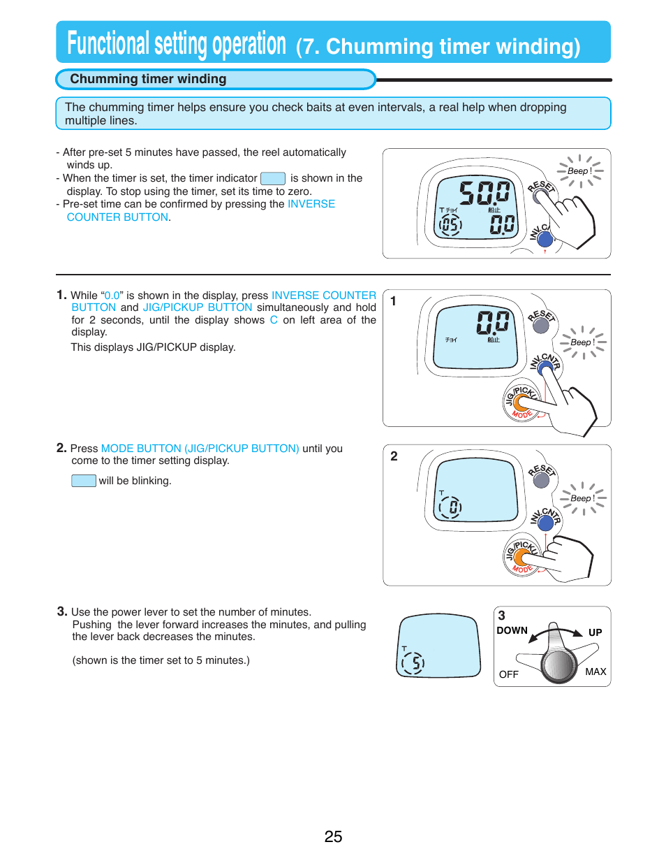 Functional setting operation, Chumming timer winding) | Daiwa SEABORG-300FB User Manual | Page 27 / 38