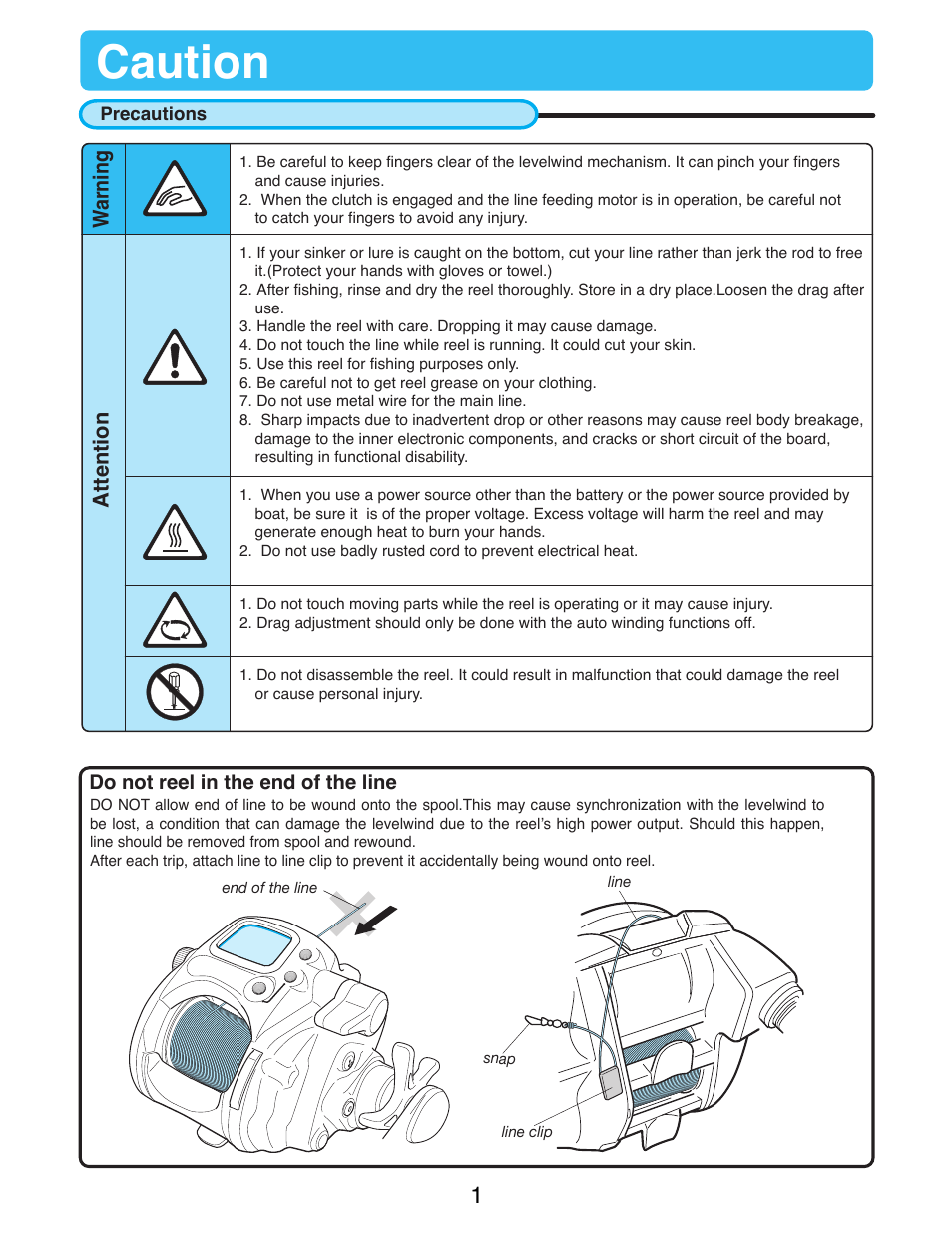 Caution, Warning attention, Do not reel in the end of the line | Daiwa SEABORG-300FB User Manual | Page 3 / 38