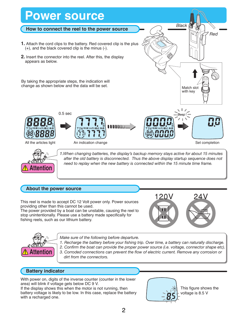 Power source, Attention | Daiwa SEABORG-300FB User Manual | Page 4 / 38