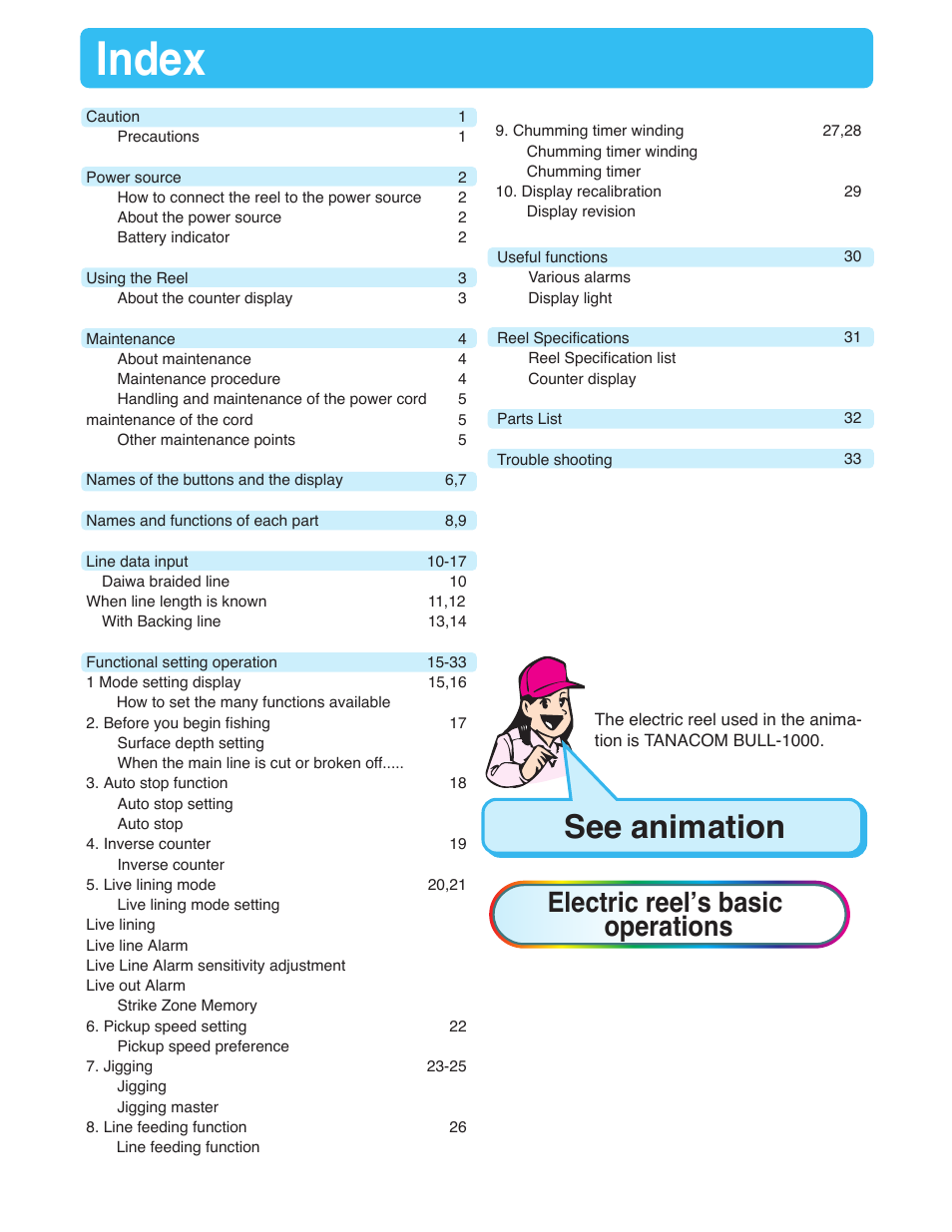 Index, See animation, Electric reel’s basic operations | Daiwa TANACOM BULL 500 User Manual | Page 2 / 36