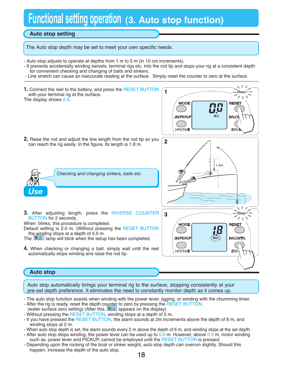 Auto stop function, Auto stop setting, Auto stop | Functional setting operation, Auto stop function) | Daiwa TANACOM BULL 500 User Manual | Page 20 / 36