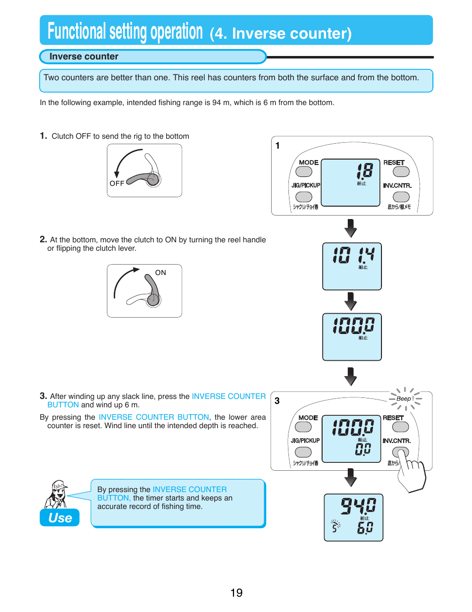 Functional setting operation (4. inverse counter), Inverse counter, Functional setting operation | Inverse counter) | Daiwa TANACOM BULL 500 User Manual | Page 21 / 36