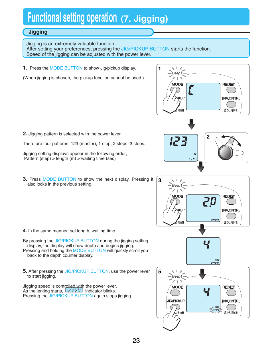 Functional setting operation (7. jigging), Jigging, Jigging master | Functional setting operation, Jigging) | Daiwa TANACOM BULL 500 User Manual | Page 25 / 36