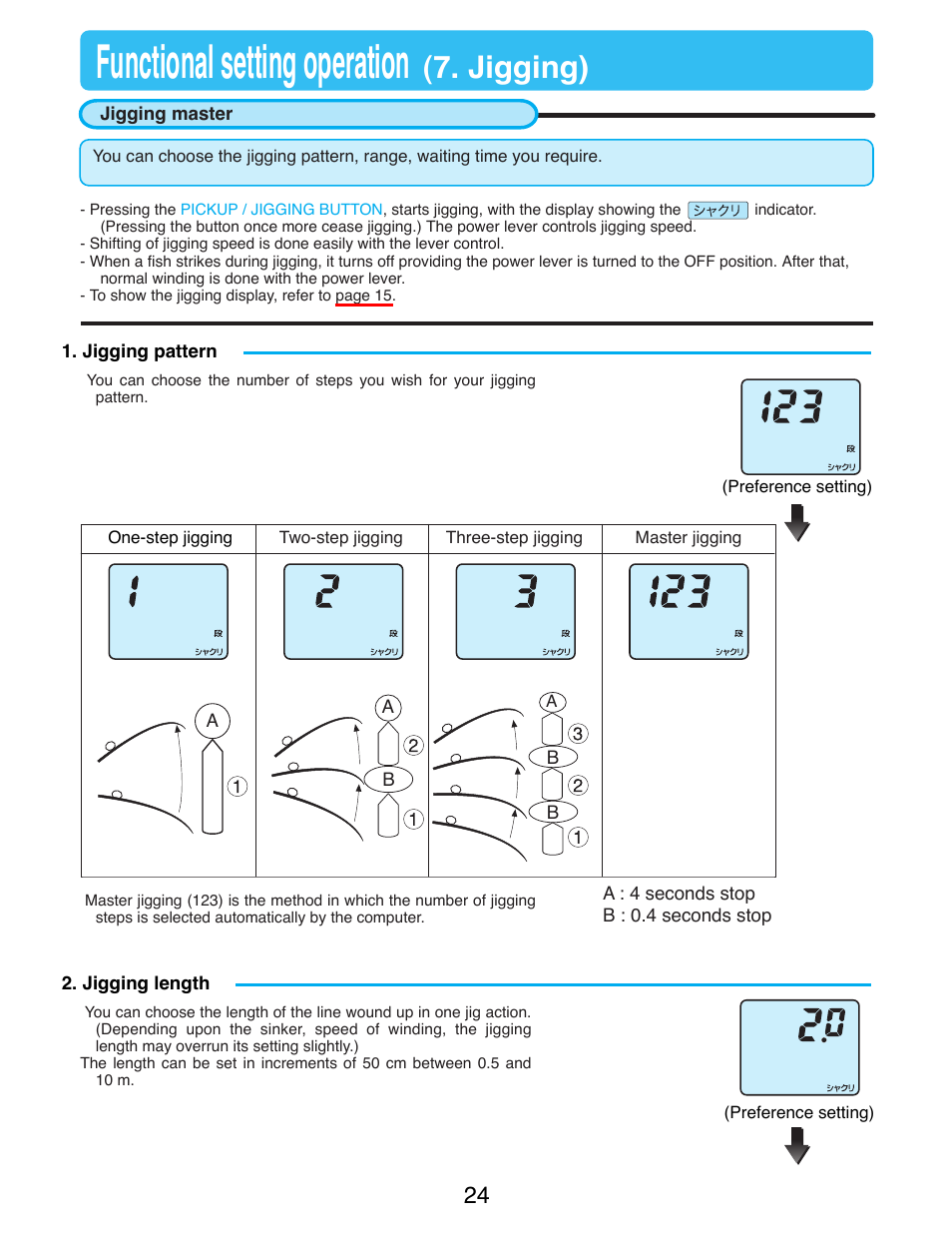 Functional setting operation, Jigging) | Daiwa TANACOM BULL 500 User Manual | Page 26 / 36