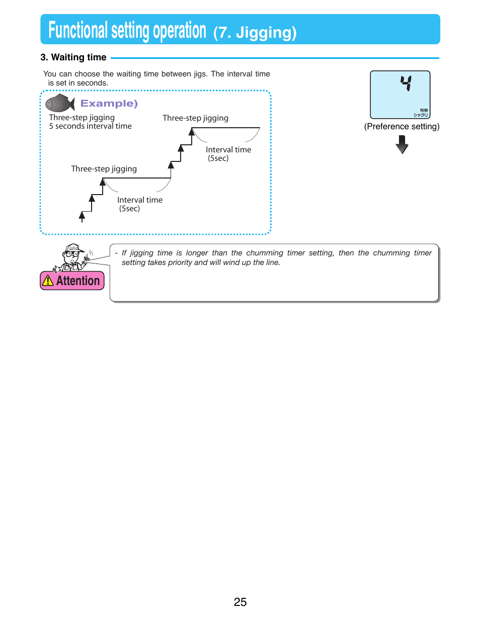 Functional setting operation, Jigging), Attention | Daiwa TANACOM BULL 500 User Manual | Page 27 / 36