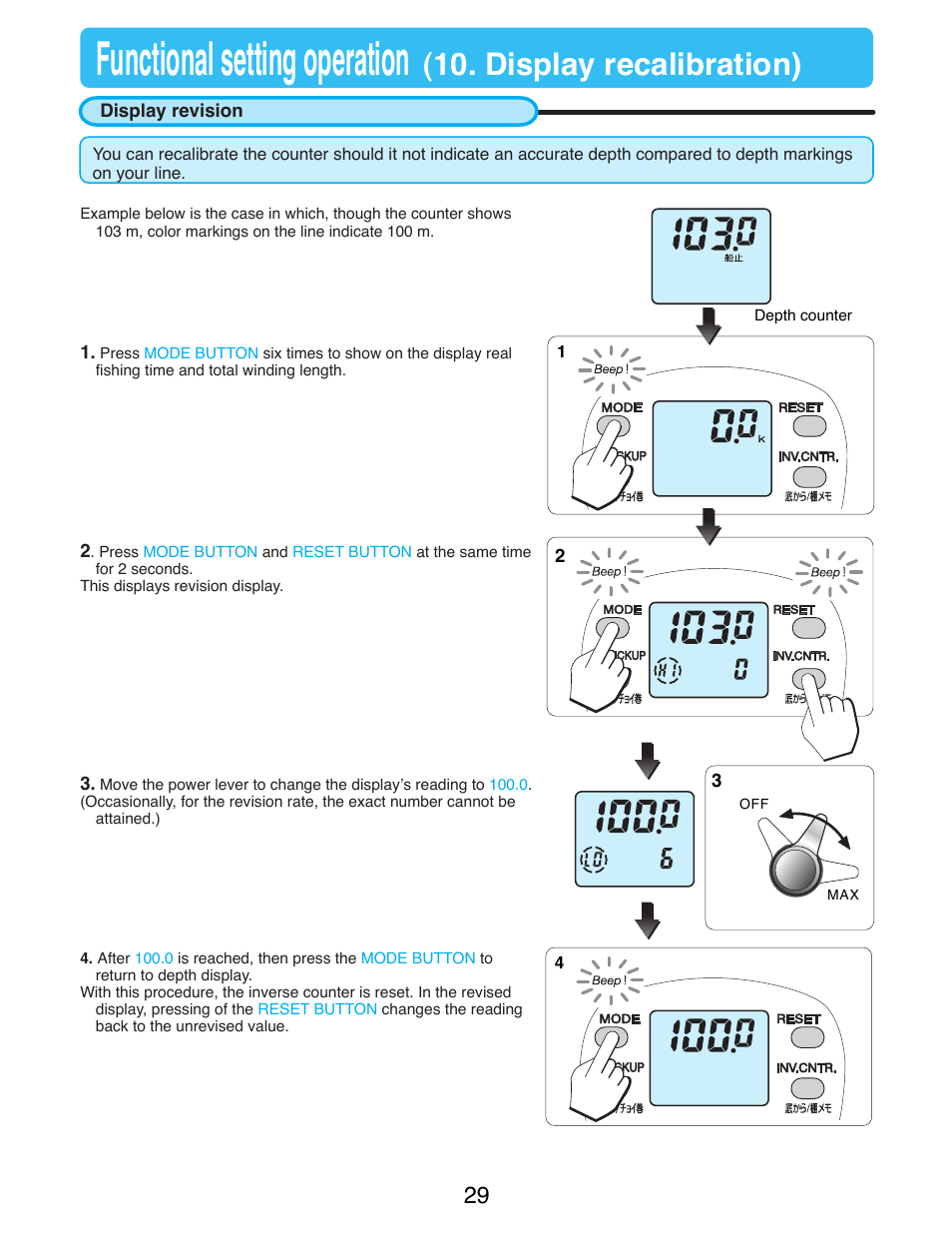 Display recalibration, Display revision, Functional setting operation | Display recalibration) | Daiwa TANACOM BULL 500 User Manual | Page 31 / 36