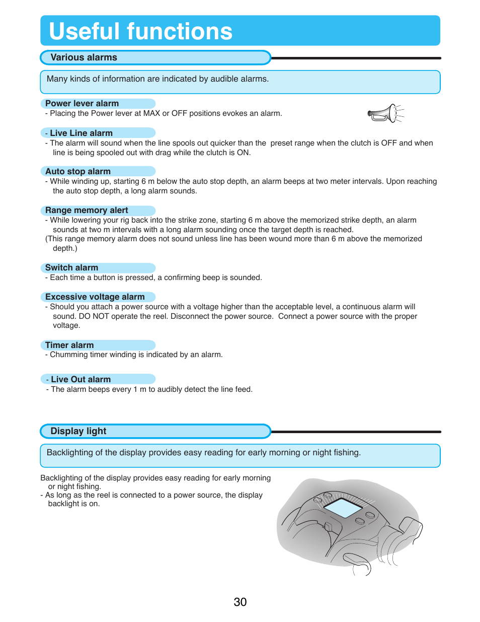 Useful functions, Various alarms, Display light | Daiwa TANACOM BULL 500 User Manual | Page 32 / 36