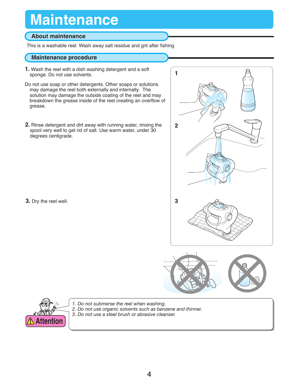 Maintenance, About maintenance, Maintenance procedure | Attention | Daiwa TANACOM BULL 500 User Manual | Page 6 / 36