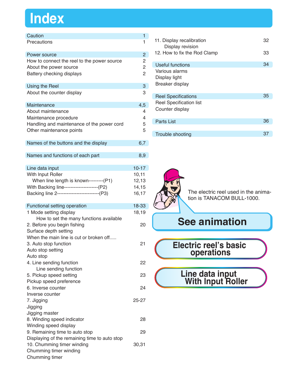 Index, See animation | Daiwa TANACOM BULL 750 User Manual | Page 2 / 40