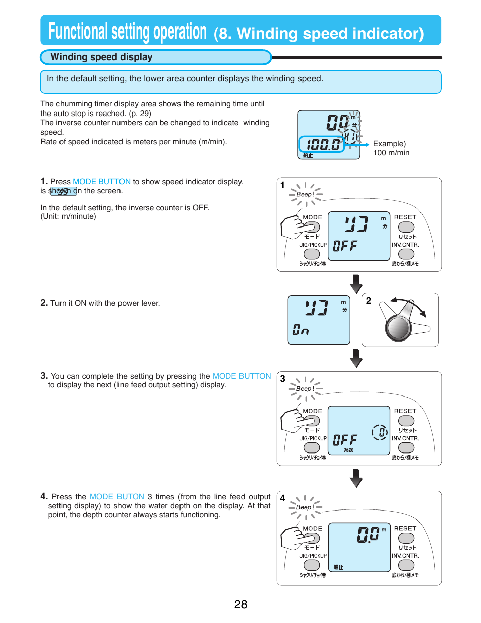 Functional setting operation, Winding speed indicator) | Daiwa TANACOM BULL 750 User Manual | Page 30 / 40