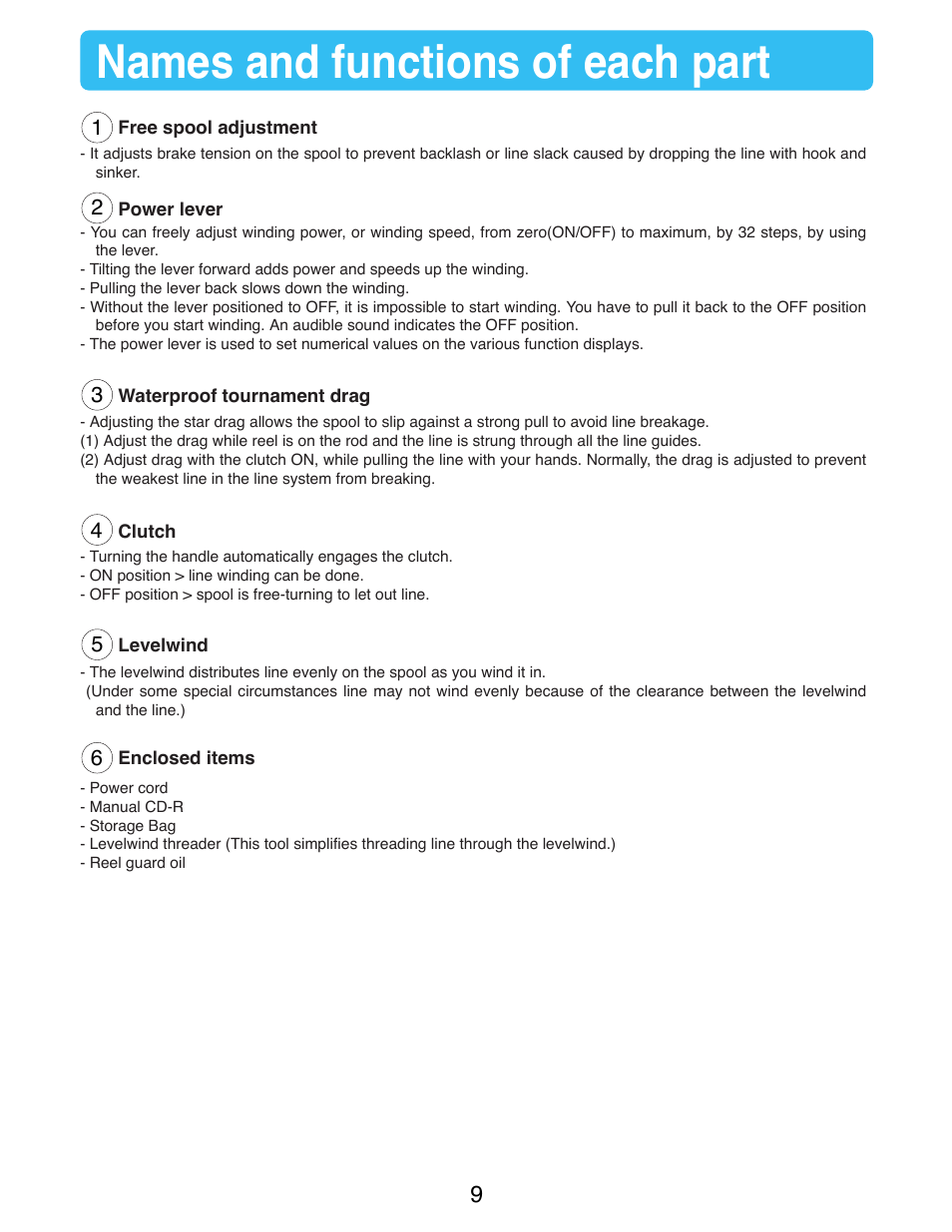 Names and functions of each part | Daiwa SEABORG-500Fe User Manual | Page 11 / 36