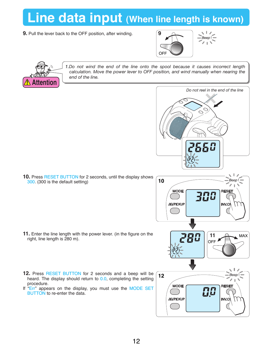 Line data input, When line length is known), Attention | Daiwa SEABORG-500Fe User Manual | Page 14 / 36