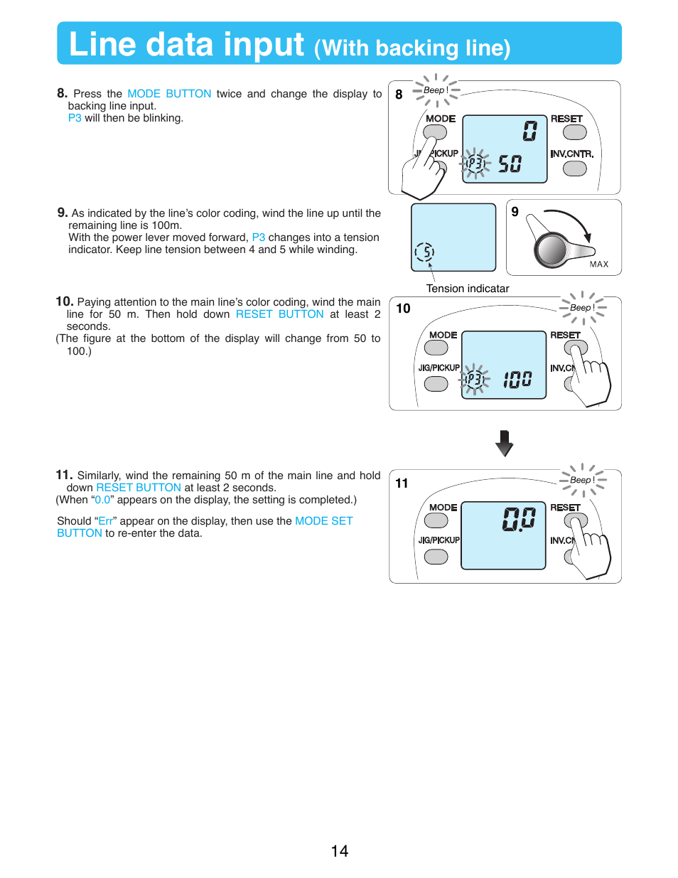 Line data input, With backing line) | Daiwa SEABORG-500Fe User Manual | Page 16 / 36