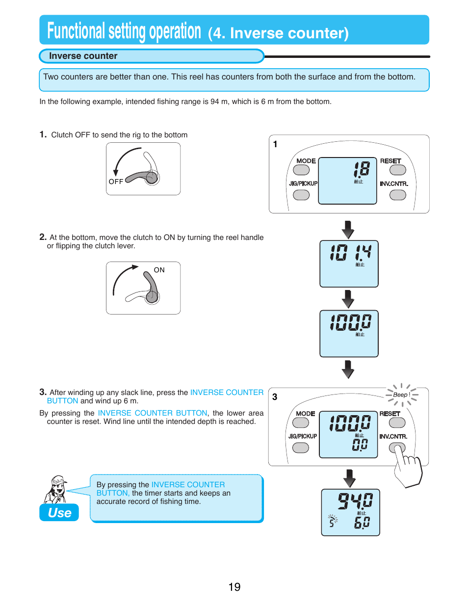 Functional setting operation (4. inverse counter), Inverse counter, Functional setting operation | Inverse counter) | Daiwa SEABORG-500Fe User Manual | Page 21 / 36