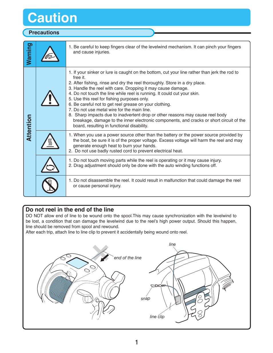 Caution, Precautions, Warning attention | Do not reel in the end of the line | Daiwa SEABORG-500Fe User Manual | Page 3 / 36
