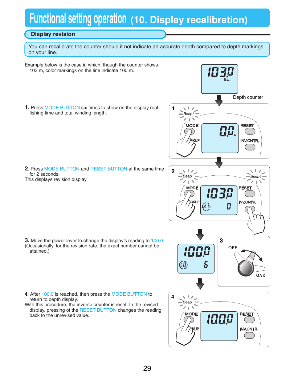 Display recalibration, Display revision, Functional setting operation | Display recalibration) | Daiwa SEABORG-500Fe User Manual | Page 31 / 36