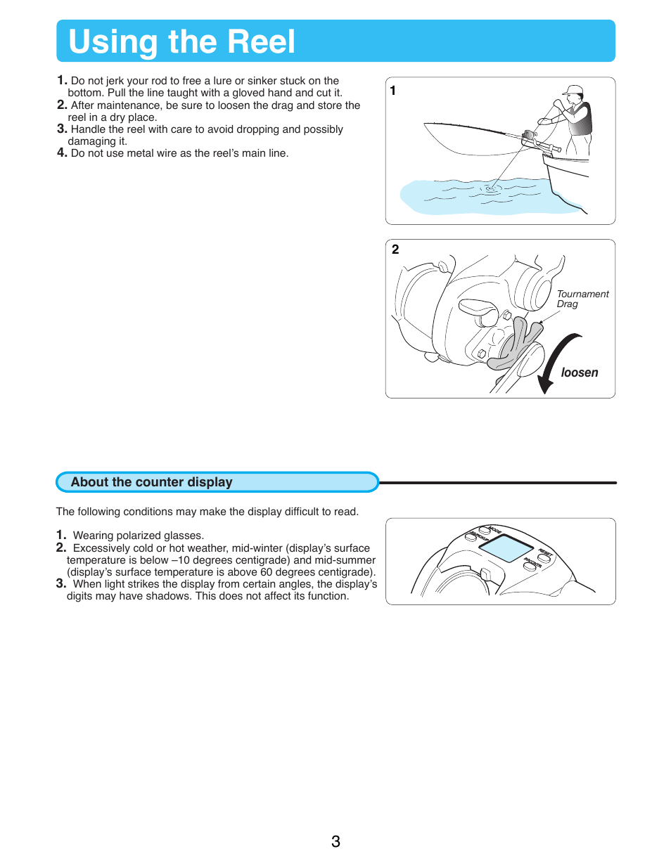 Using the reel, About the counter display | Daiwa SEABORG-500Fe User Manual | Page 5 / 36