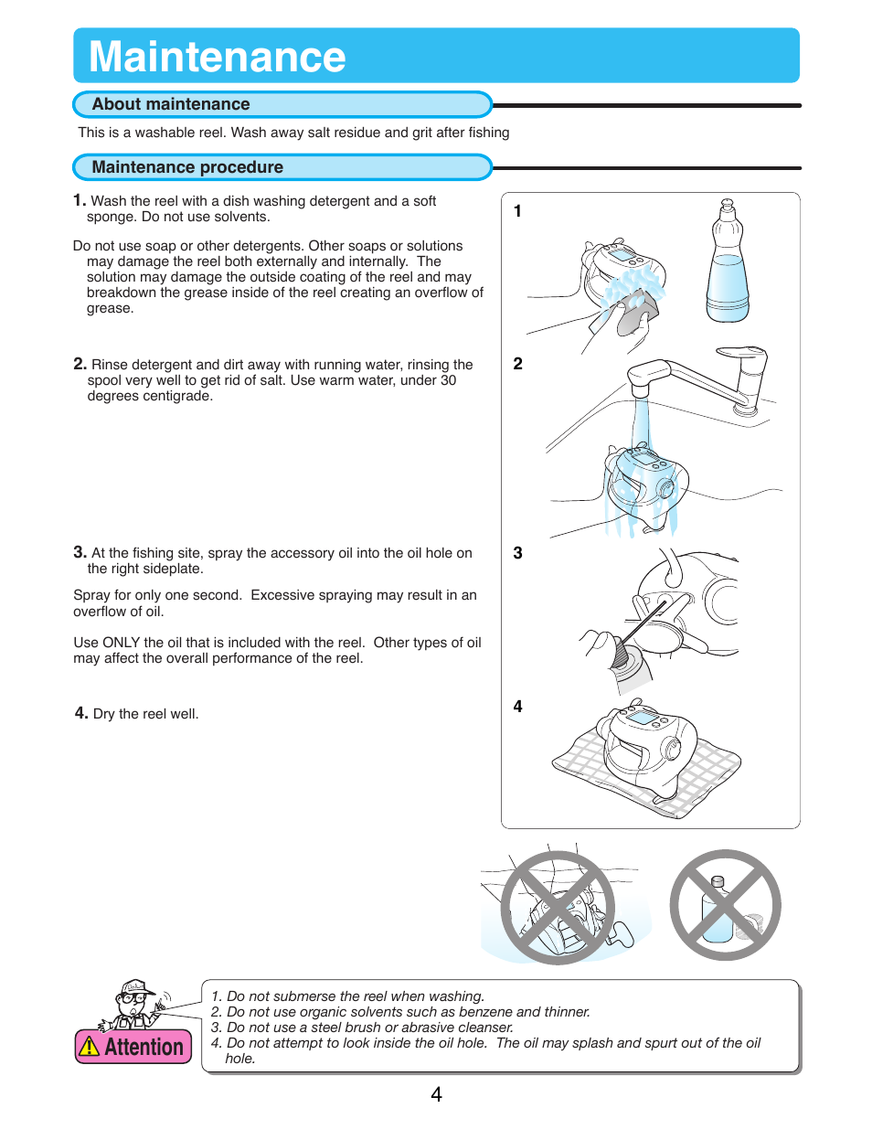 Maintenance, About maintenance, Maintenance procedure | Attention | Daiwa SEABORG-500Fe User Manual | Page 6 / 36