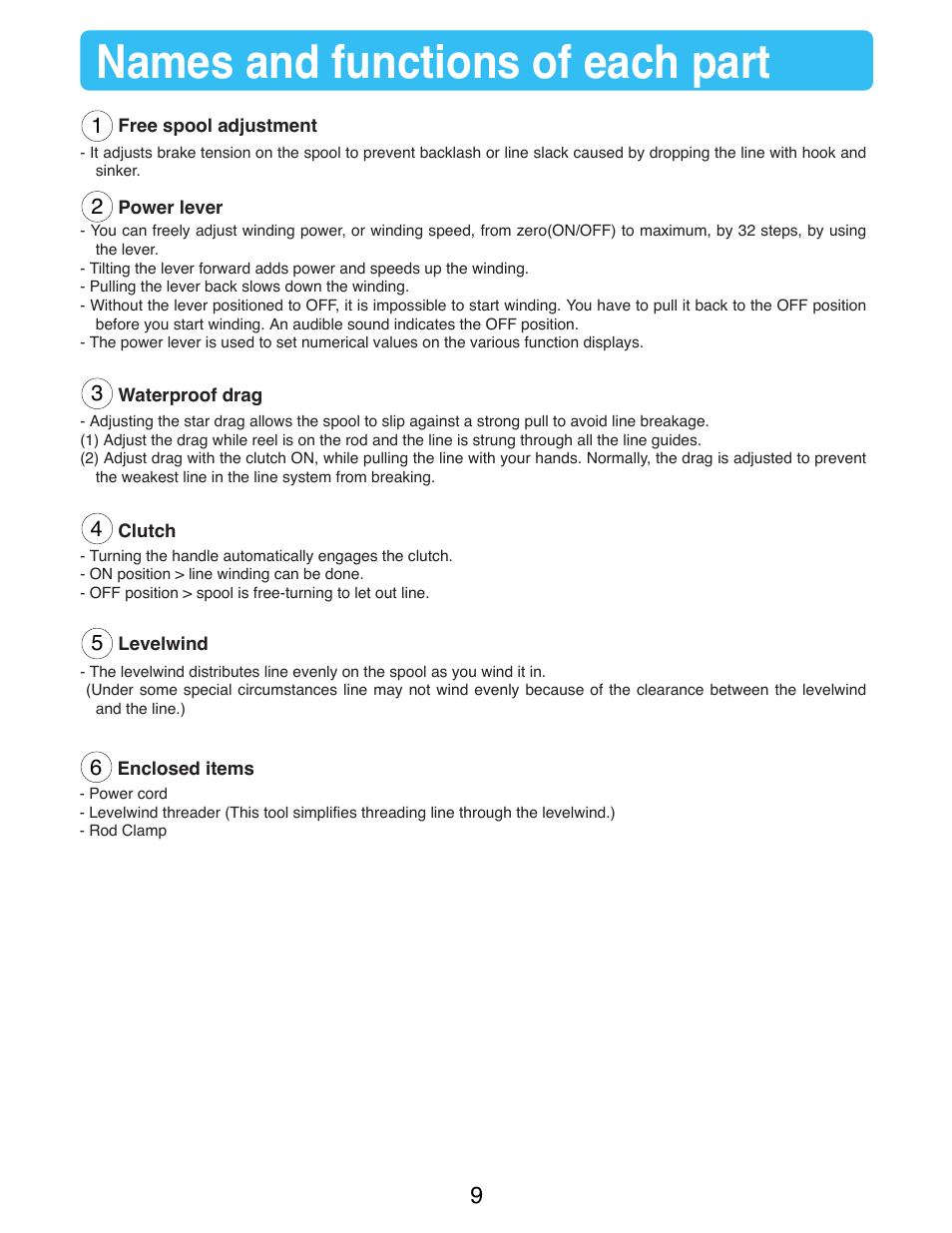 Names and functions of each part | Daiwa TANACOM 1000 User Manual | Page 11 / 38