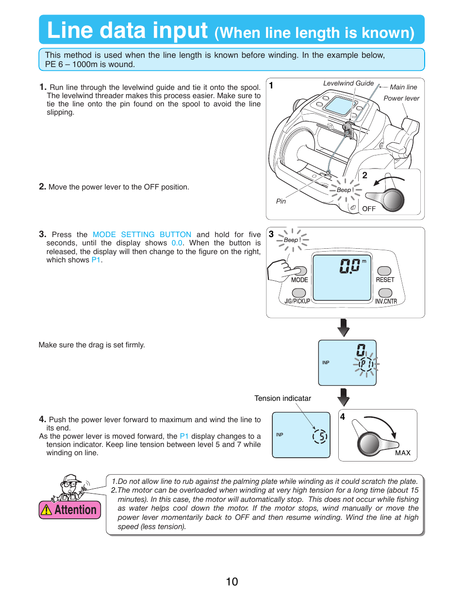 Line data input (when line length is known), Line data input, When line length is known---------(p1) | When line length is known), Attention | Daiwa TANACOM 1000 User Manual | Page 12 / 38