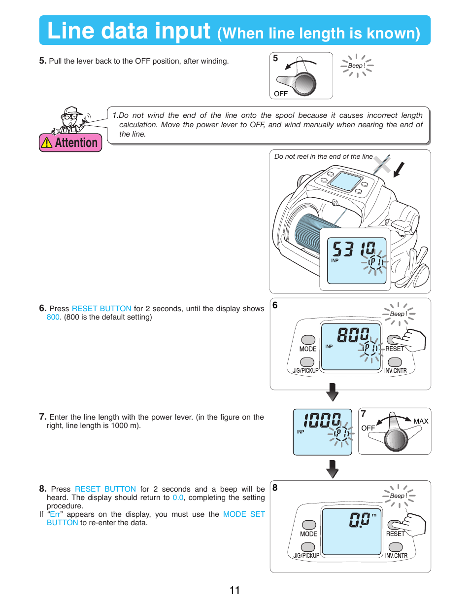 Line data input, When line length is known), Attention | Daiwa TANACOM 1000 User Manual | Page 13 / 38