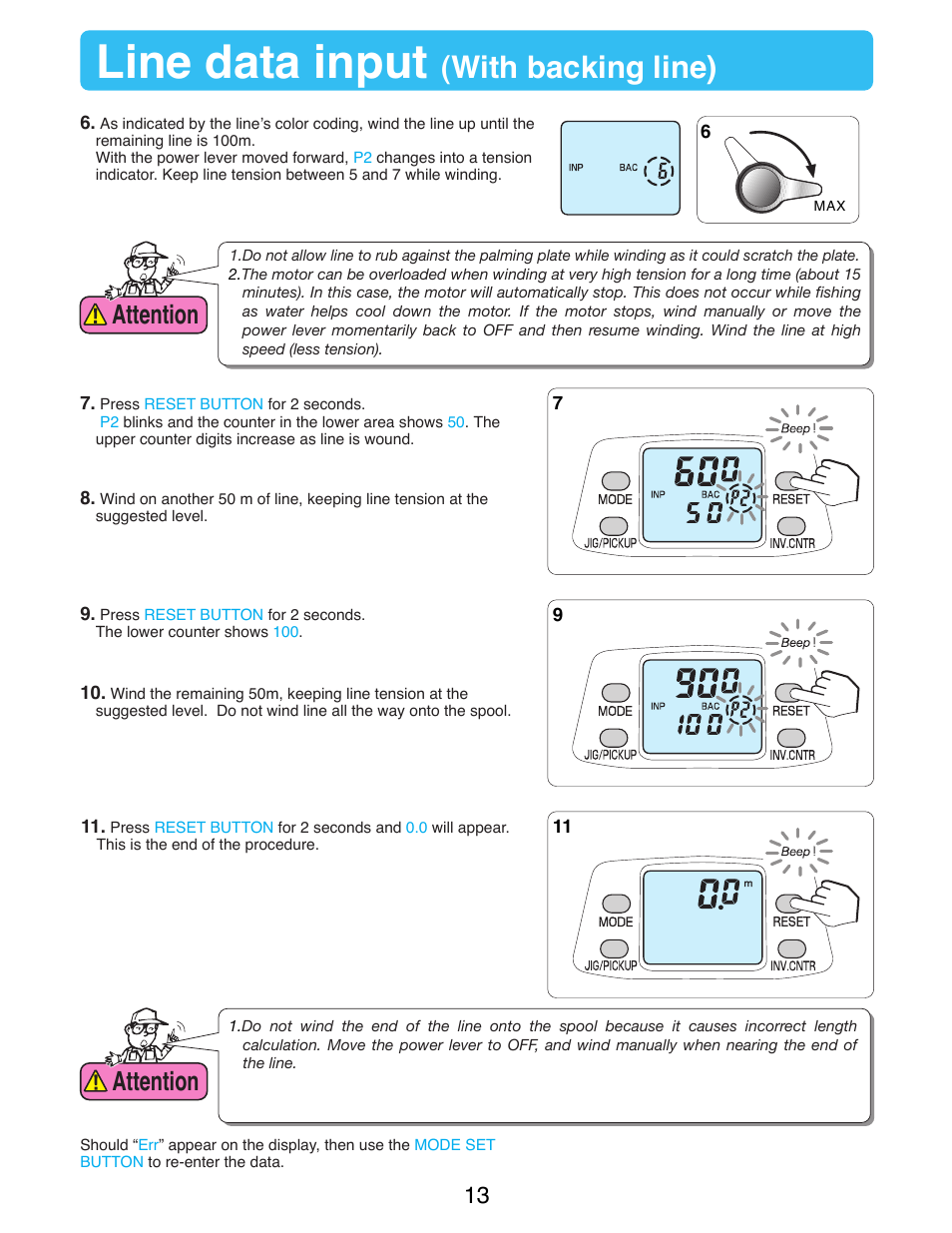 Line data input, With backing line), Attention | Daiwa TANACOM 1000 User Manual | Page 15 / 38