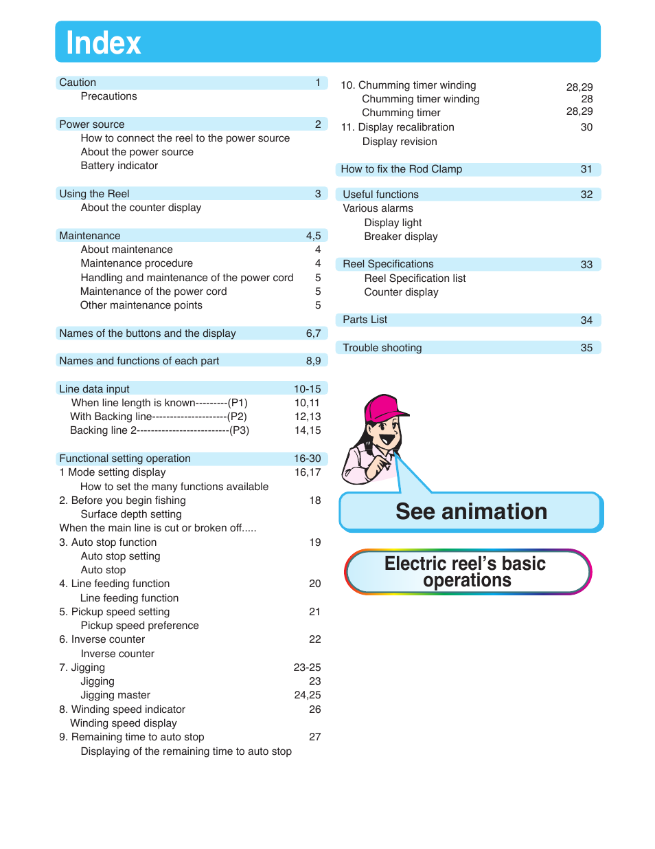 Index, See animation, Electric reel’s basic operations | Daiwa TANACOM 1000 User Manual | Page 2 / 38