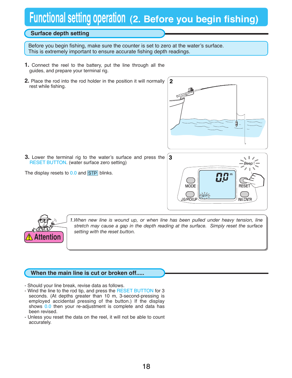 Before you begin fishing, Surface depth setting, When the main line is cut or broken off | Functional setting operation, Before you begin fishing), Attention | Daiwa TANACOM 1000 User Manual | Page 20 / 38