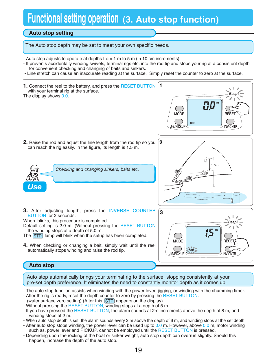 Vtional setting operation (3.auto stop function), Auto stop function, Auto stop setting | Auto stop, Functional setting operation, Auto stop function) | Daiwa TANACOM 1000 User Manual | Page 21 / 38