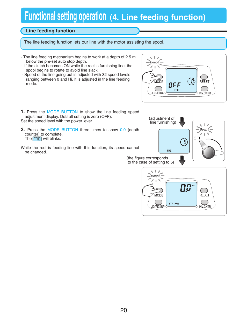 Line feeding function, Functional setting operation, Line feeding function) | Daiwa TANACOM 1000 User Manual | Page 22 / 38