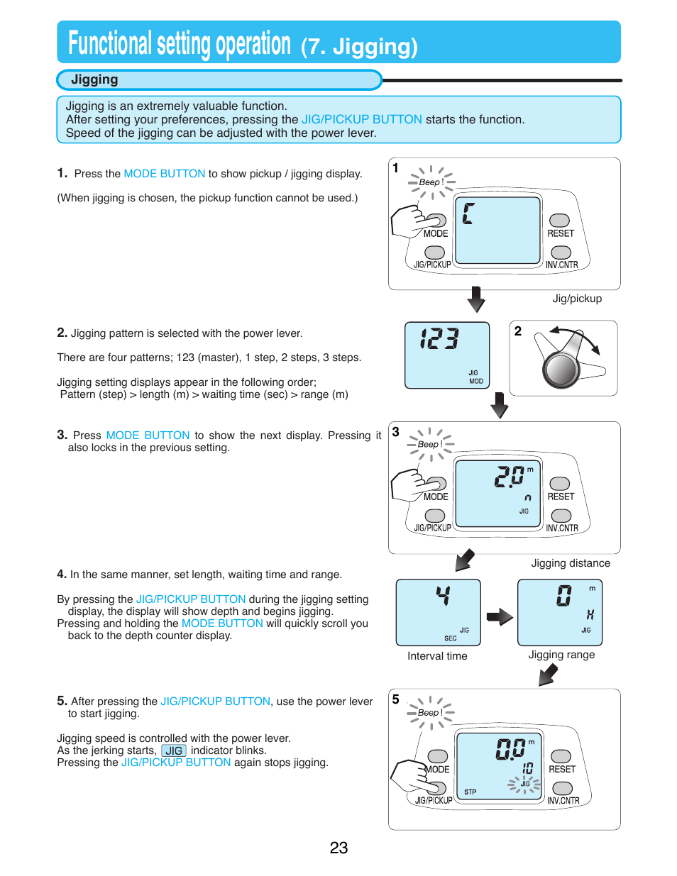 Vtional setting operation (7.jigging), Jigging, Functional setting operation | Jigging) | Daiwa TANACOM 1000 User Manual | Page 25 / 38