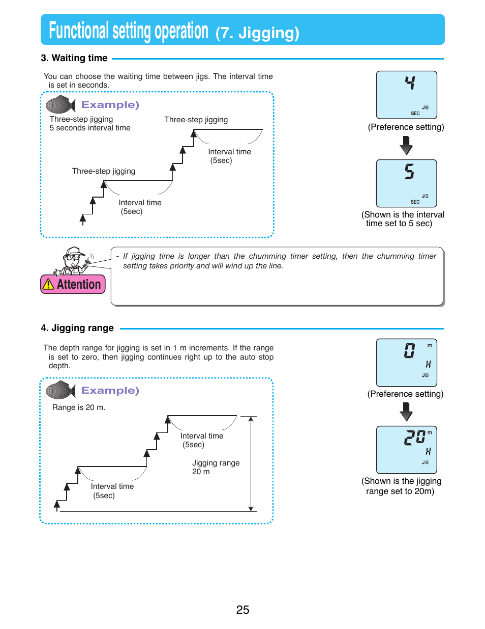 Functional setting operation, Jigging), Attention | Daiwa TANACOM 1000 User Manual | Page 27 / 38