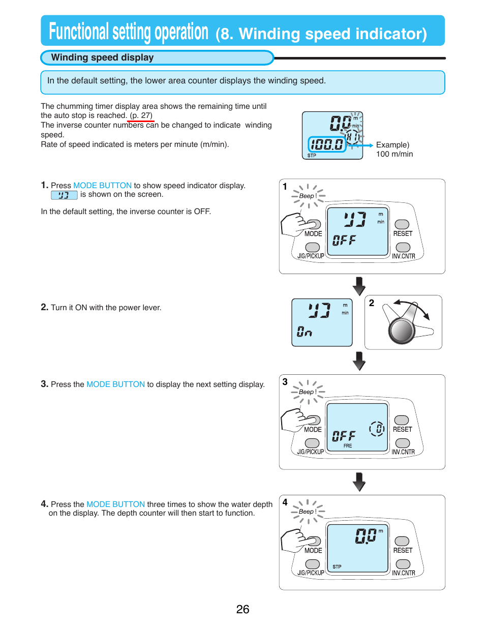 Winding speed indicator, Winding speed display, Functional setting operation | Winding speed indicator) | Daiwa TANACOM 1000 User Manual | Page 28 / 38