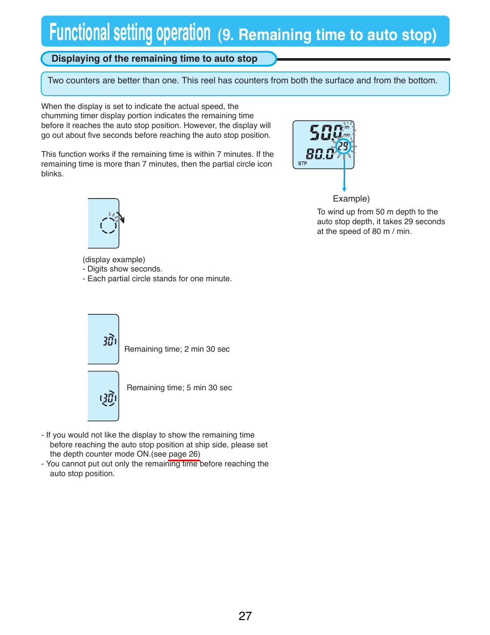 Remaining time to auto stop, Displaying of the remaining time to auto stop, Functional setting operation | Remaining time to auto stop) | Daiwa TANACOM 1000 User Manual | Page 29 / 38