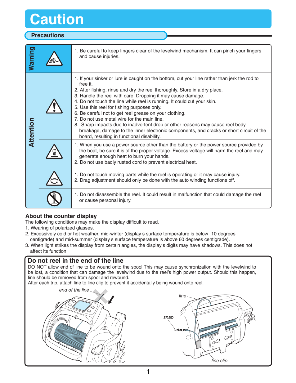 Caution, Precautions, Warning attention | Do not reel in the end of the line | Daiwa TANACOM 1000 User Manual | Page 3 / 38