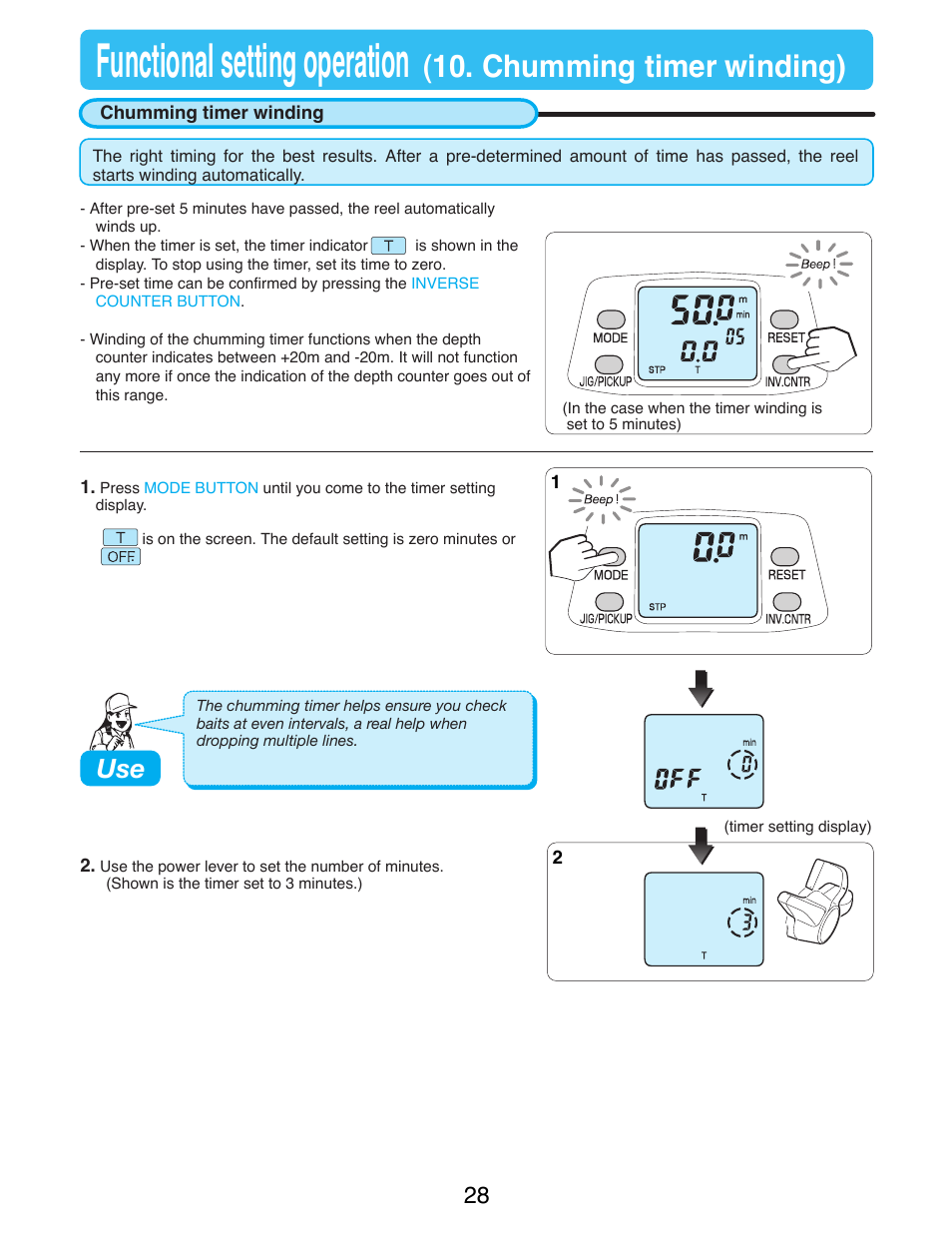 Chumming timer winding, Chumming timer, Functional setting operation | Chumming timer winding) | Daiwa TANACOM 1000 User Manual | Page 30 / 38
