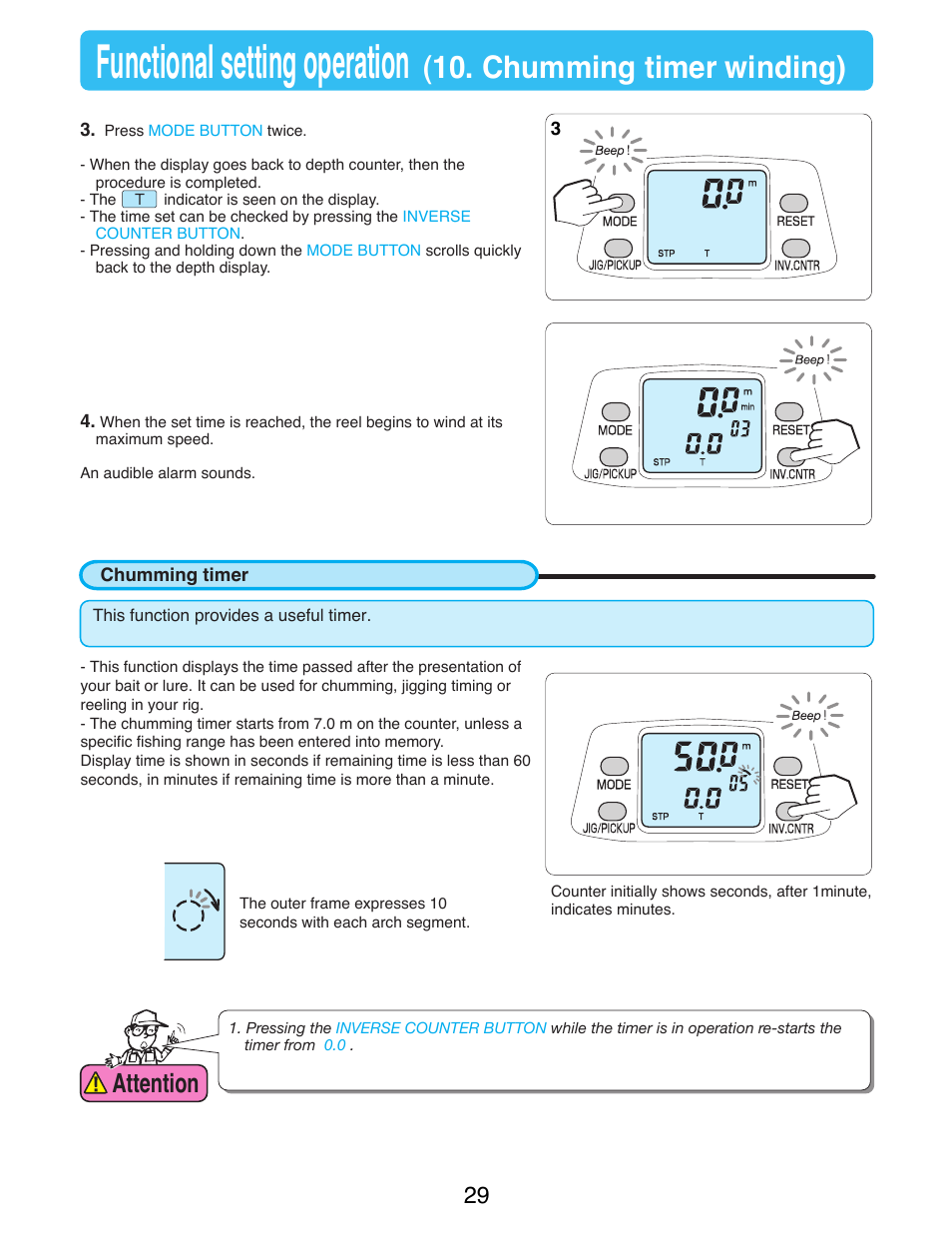 Functional setting operation, Chumming timer winding), Attention | Daiwa TANACOM 1000 User Manual | Page 31 / 38