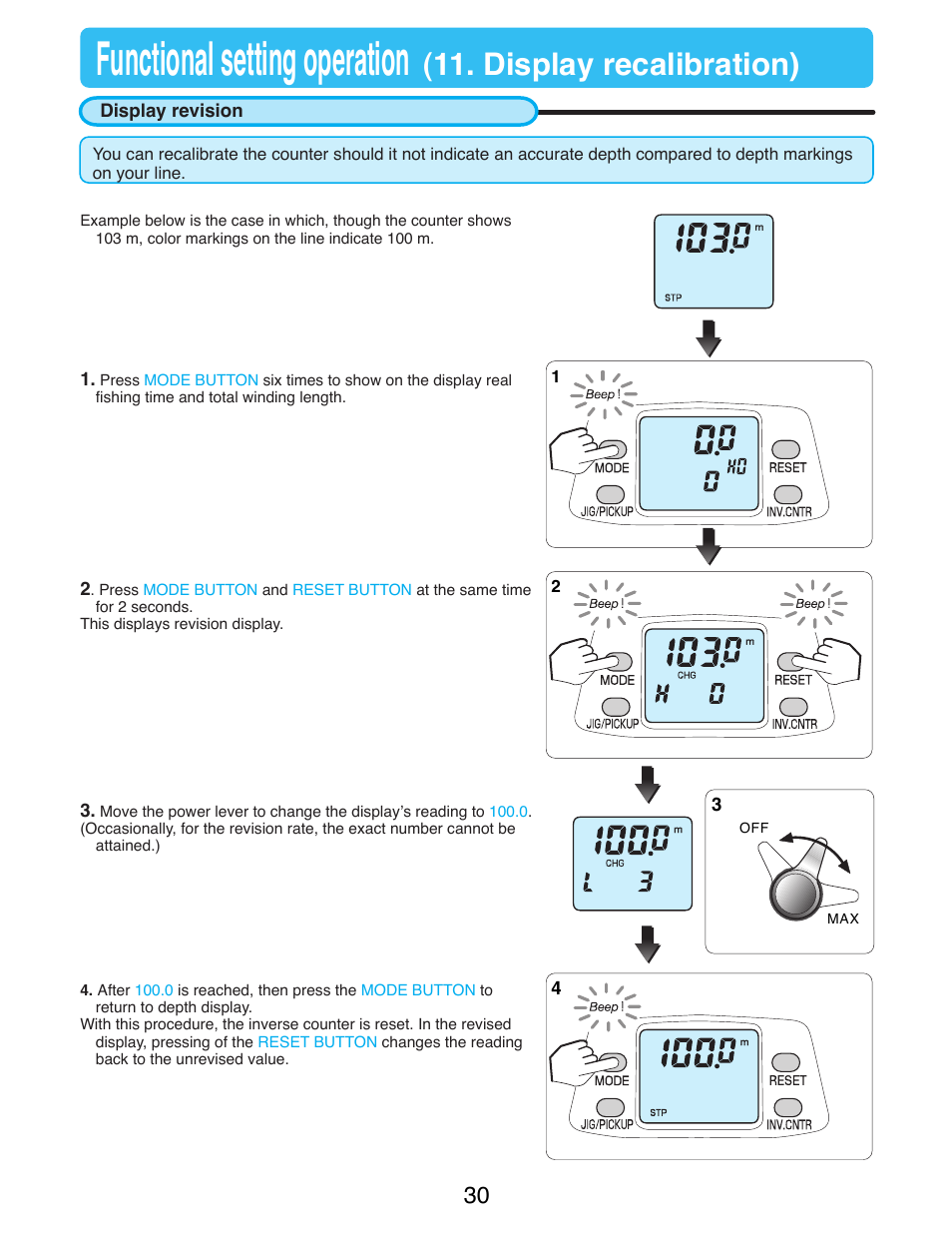 Display recalibration, Display revision, Functional setting operation | Display recalibration) | Daiwa TANACOM 1000 User Manual | Page 32 / 38