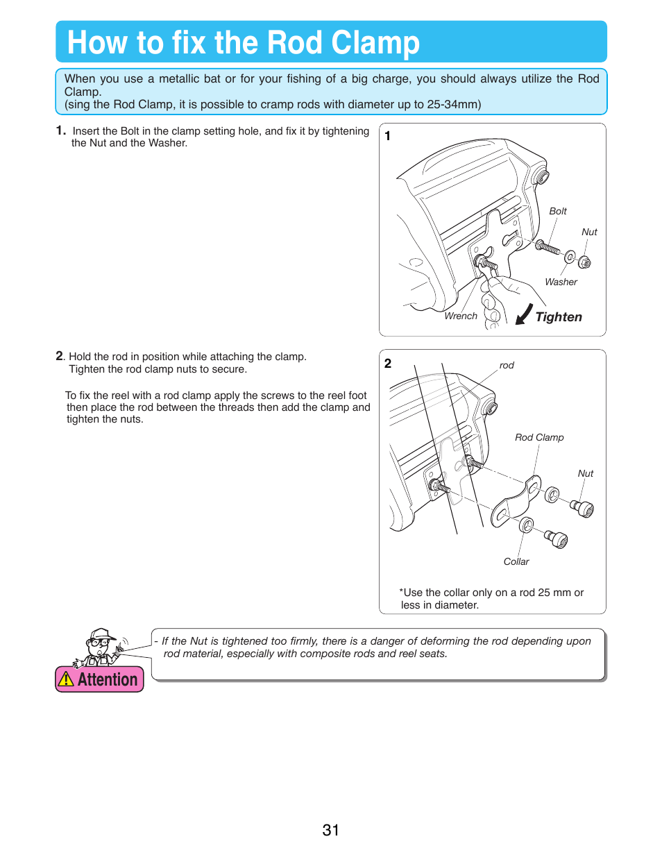 How to fix the rod clamp, Attention | Daiwa TANACOM 1000 User Manual | Page 33 / 38