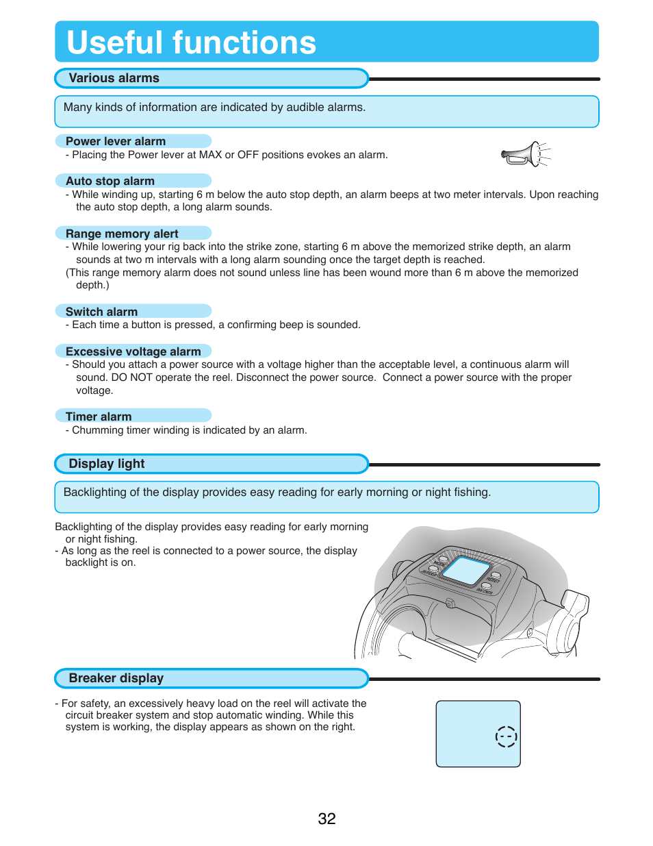 Useful functions, Various alarms, Display light | Breaker display | Daiwa TANACOM 1000 User Manual | Page 34 / 38