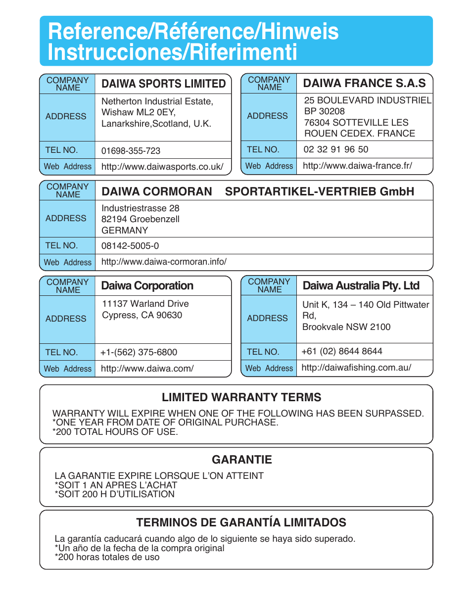 Reference, Daiwa sports limited, Limited warranty terms | Garantie, Terminos de garantía limitados, Daiwa corporation daiwa australia pty. ltd | Daiwa TANACOM 1000 User Manual | Page 38 / 38