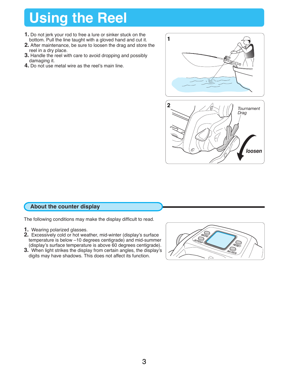 Using the reel, About the counter display | Daiwa TANACOM 1000 User Manual | Page 5 / 38